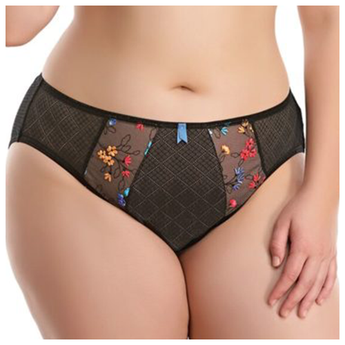 Knickers in a black crosshatched fabric with small multi-coloured flowers